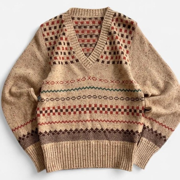 Vintage Sweater & Vest Set Tan Tone Brown Orange Green Checkered Wool Knit 2pc. - Picture 2 of 8